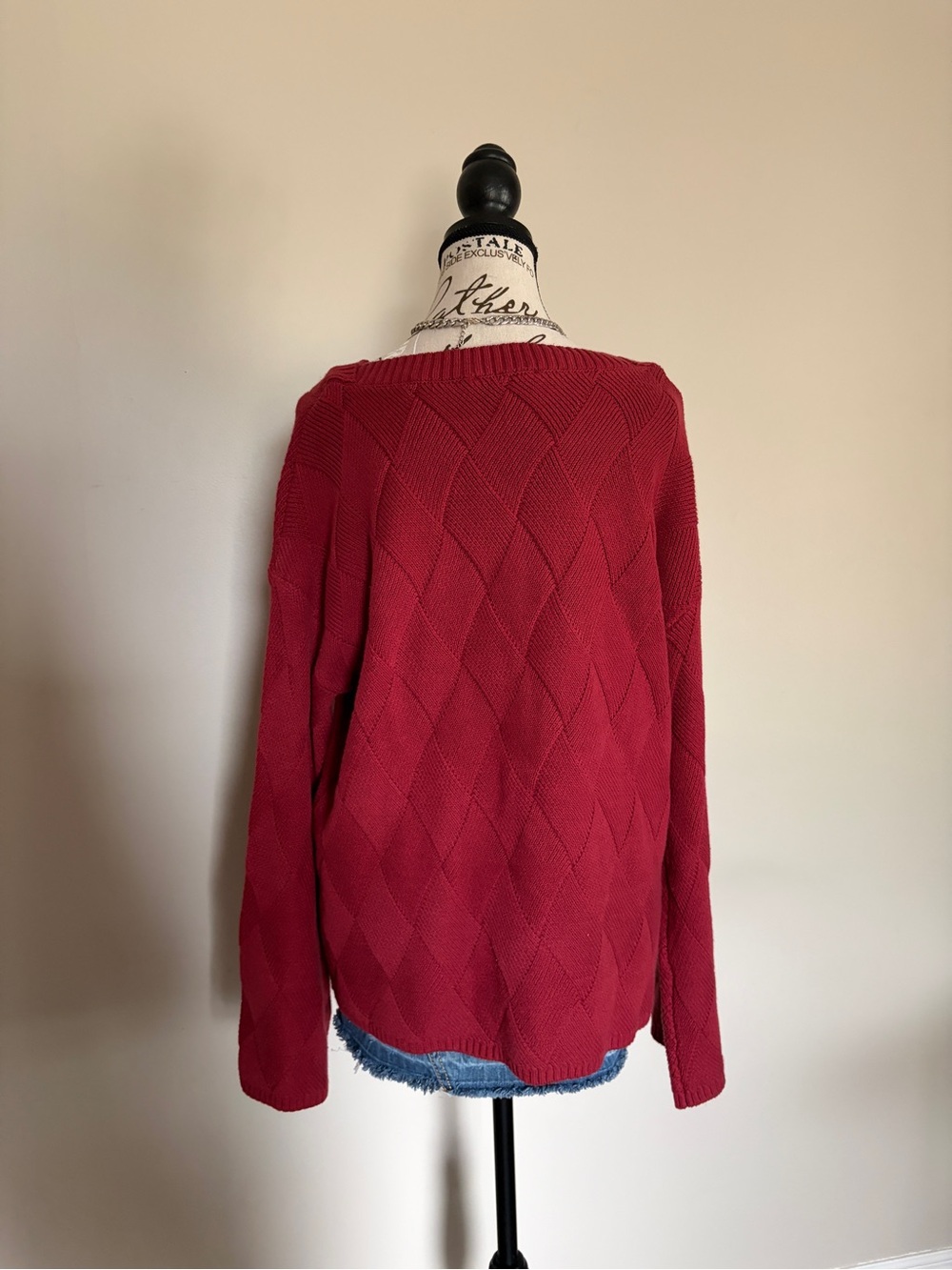 FDJ French Dressing Red Bell Sleeve Drop Shoulder Diamond Knit Boatneck Sweater - Picture 4 of 10